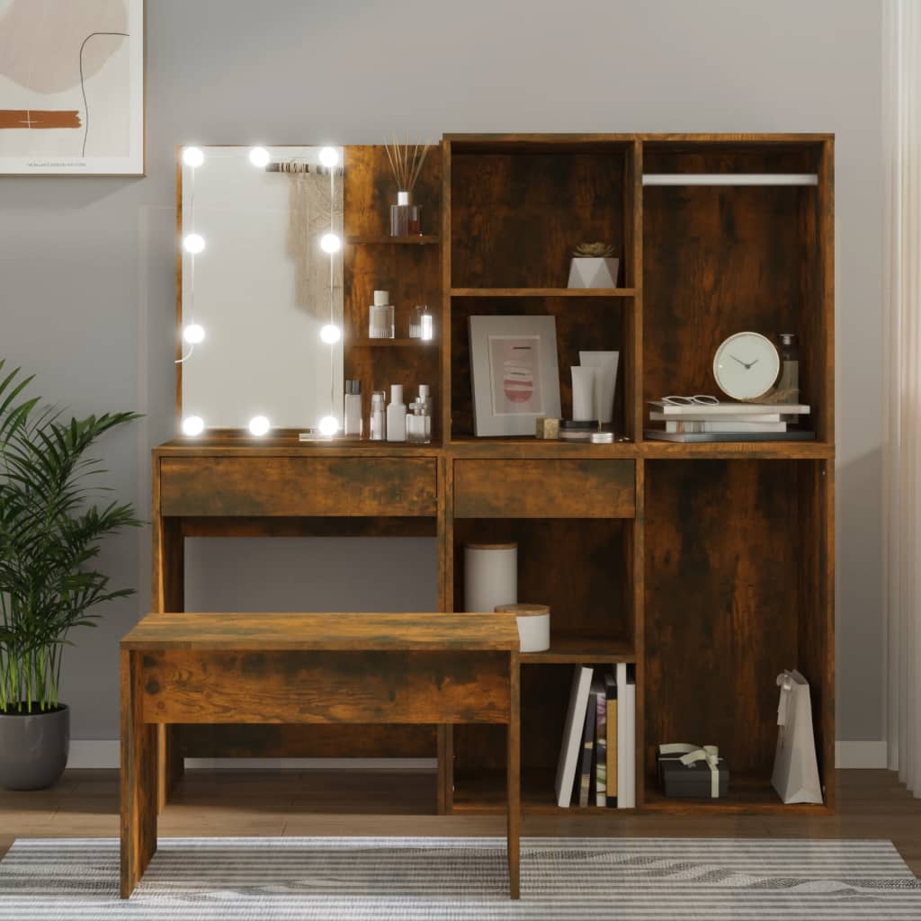 LED dressing table set, smoked oak, engineered wood