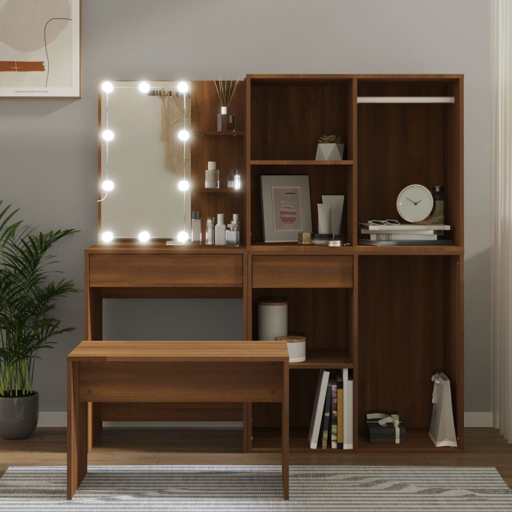 LED dressing table set, brown oak, engineered wood