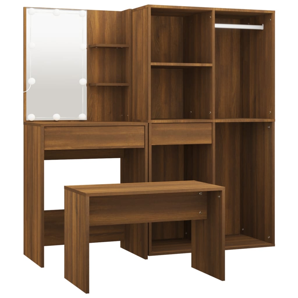 LED dressing table set, brown oak, engineered wood