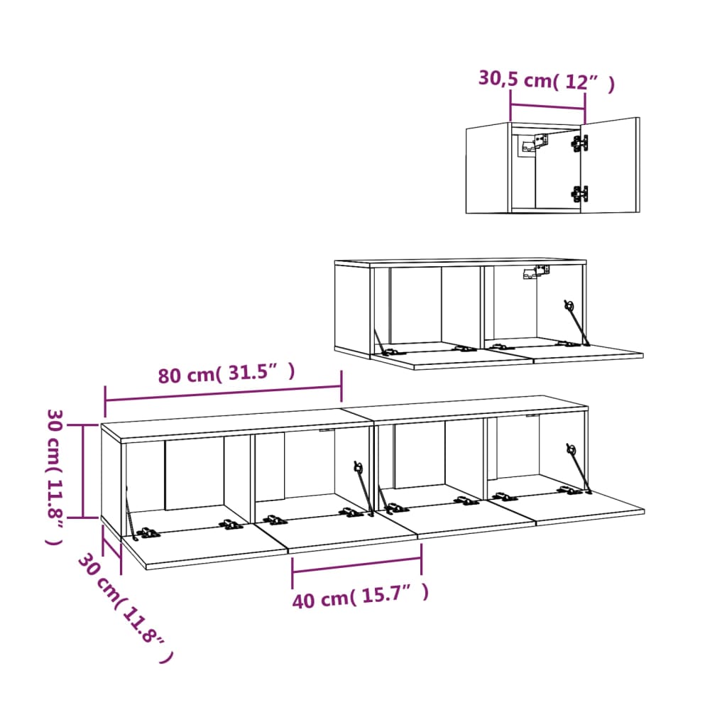 TV cabinet set, 4 pieces, smoked oak, engineered wood