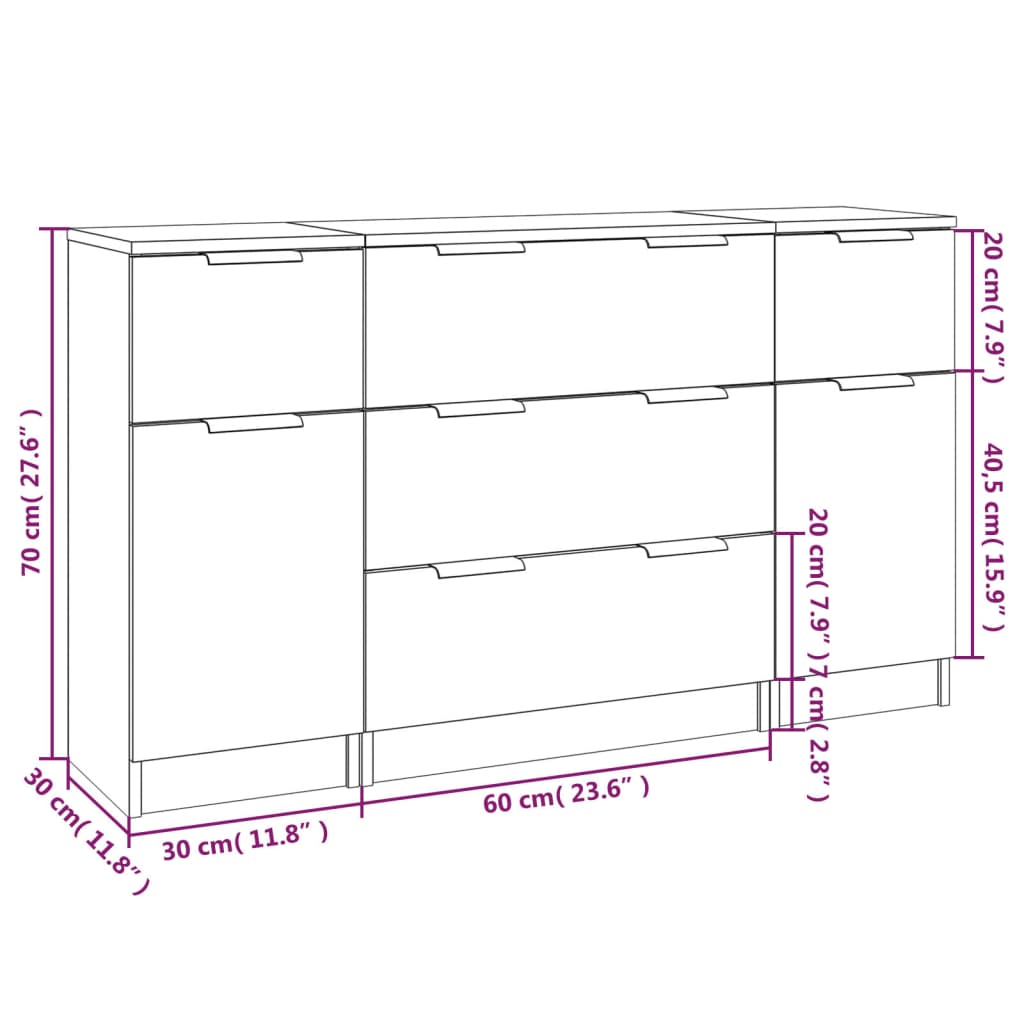 Sideboard set, 3 pieces, concrete grey, processed wood