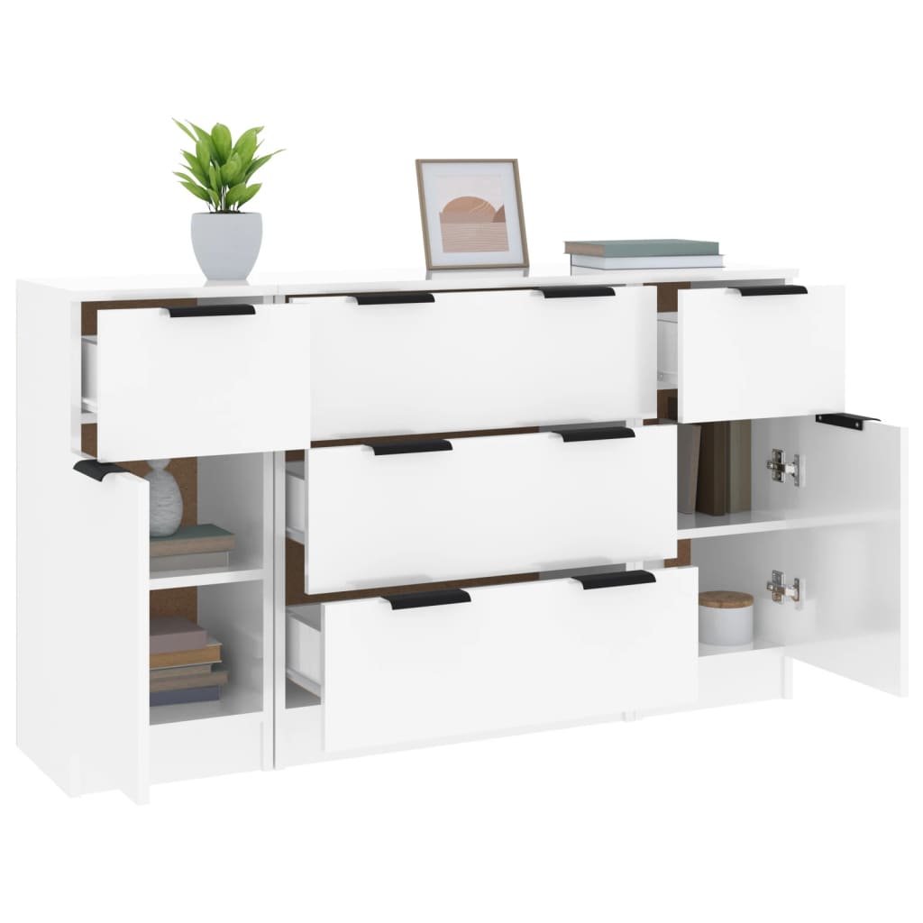 Sideboard set, 3 pieces, high-gloss white, processed wood