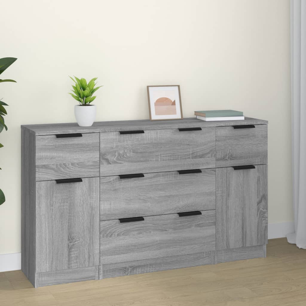 Sideboard set, 3 pieces, sonoma grey, engineered wood