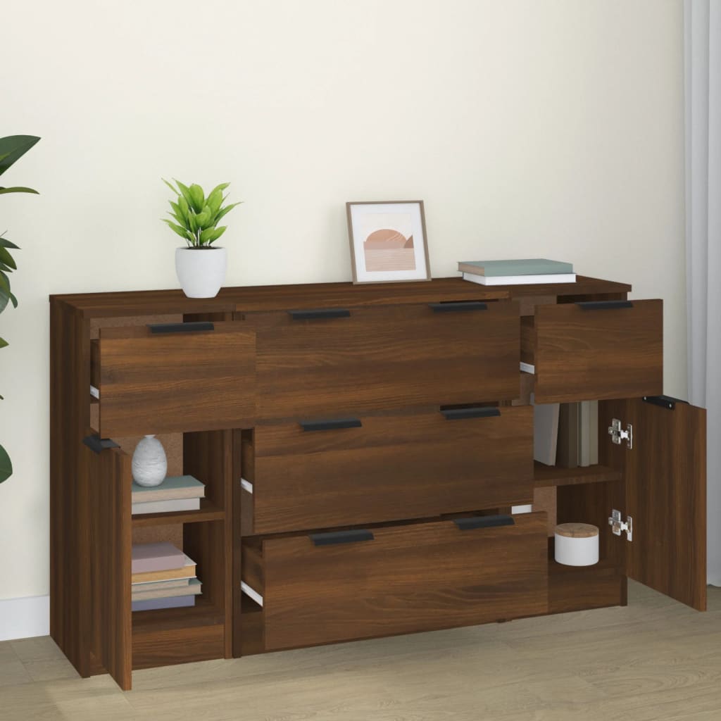 Sideboard set, 3 pieces, brown oak, processed wood