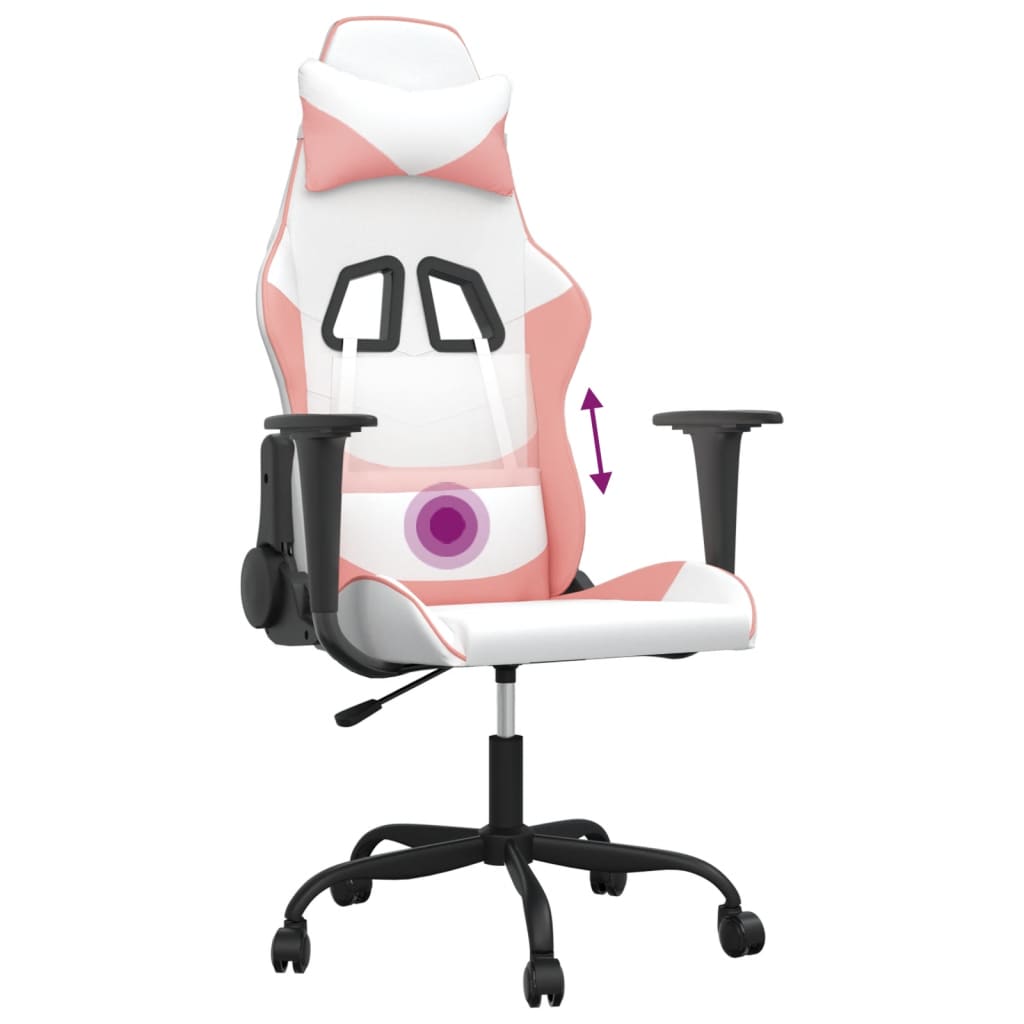 Massage gaming chair, white and pink, eco-leather