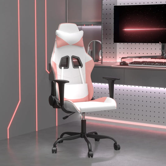 Massage gaming chair, white and pink, eco-leather