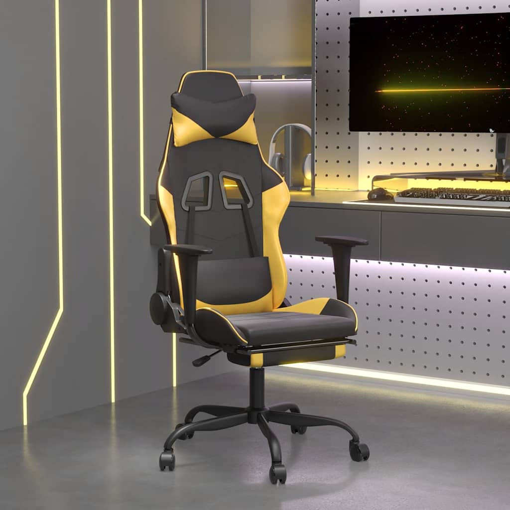 Gaming chair with massage/footrest black/gold eco-leather