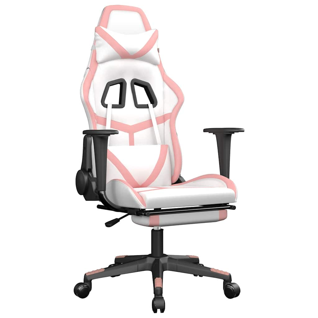 Gaming massage chair/footrest, white/pink, eco-leather