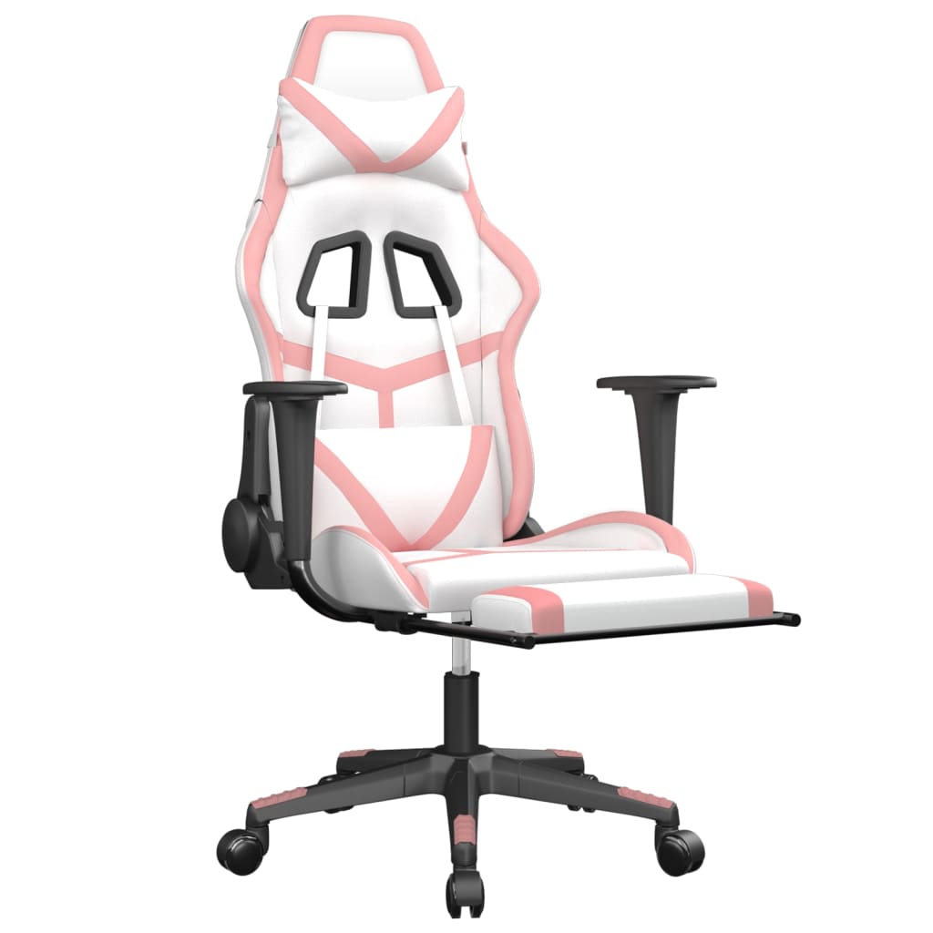 Gaming massage chair/footrest, white/pink, eco-leather