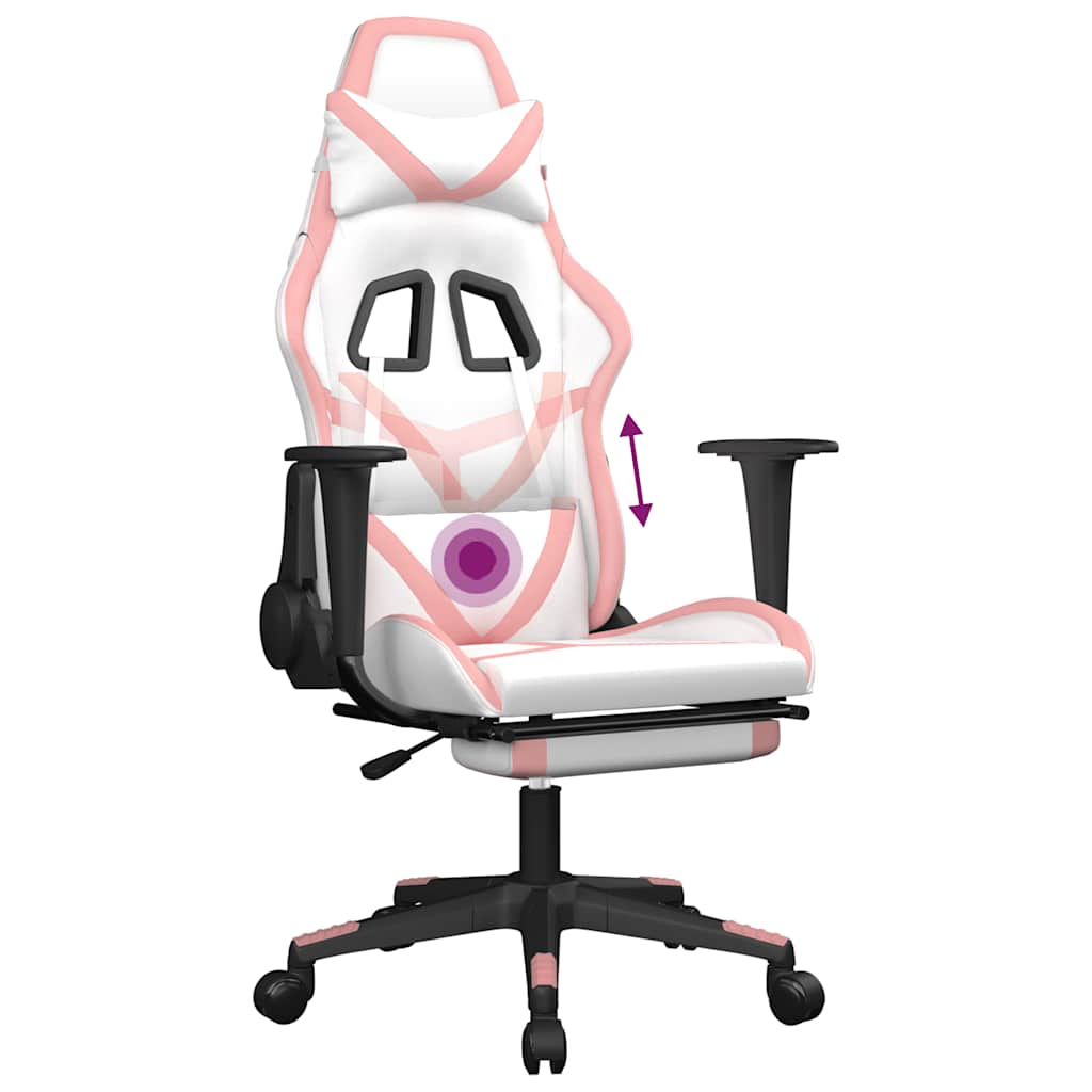 Gaming massage chair/footrest, white/pink, eco-leather