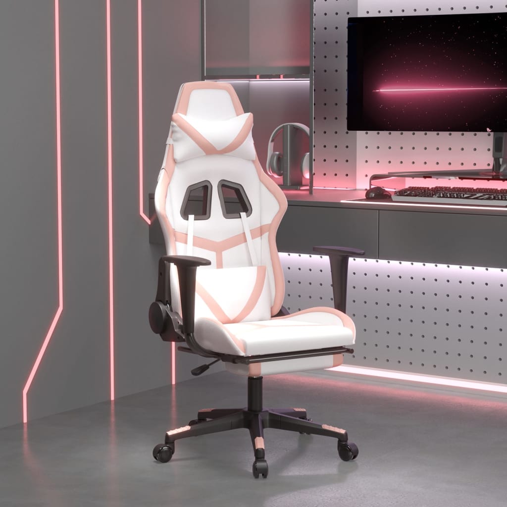 Gaming massage chair/footrest, white/pink, eco-leather