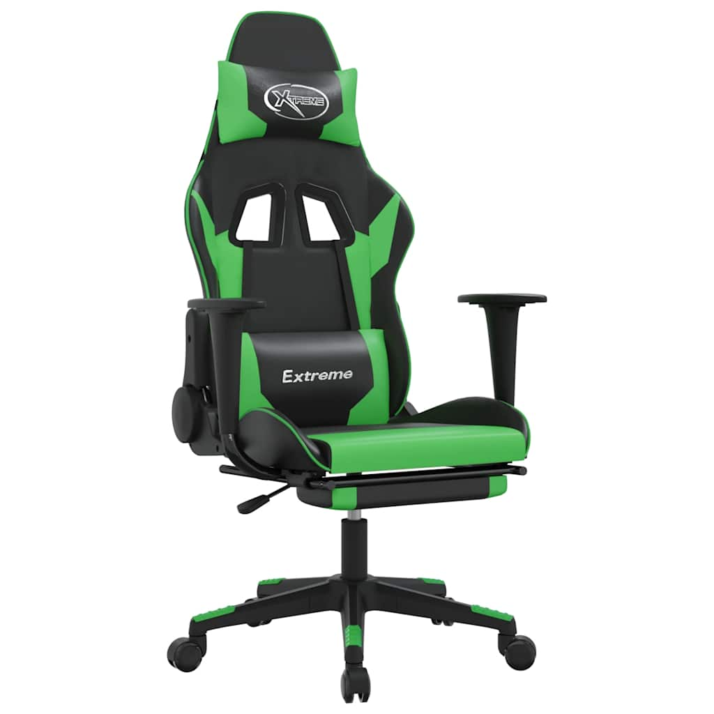 Scaun gaming de masaj/suport picioare, negru/verde, piele eco