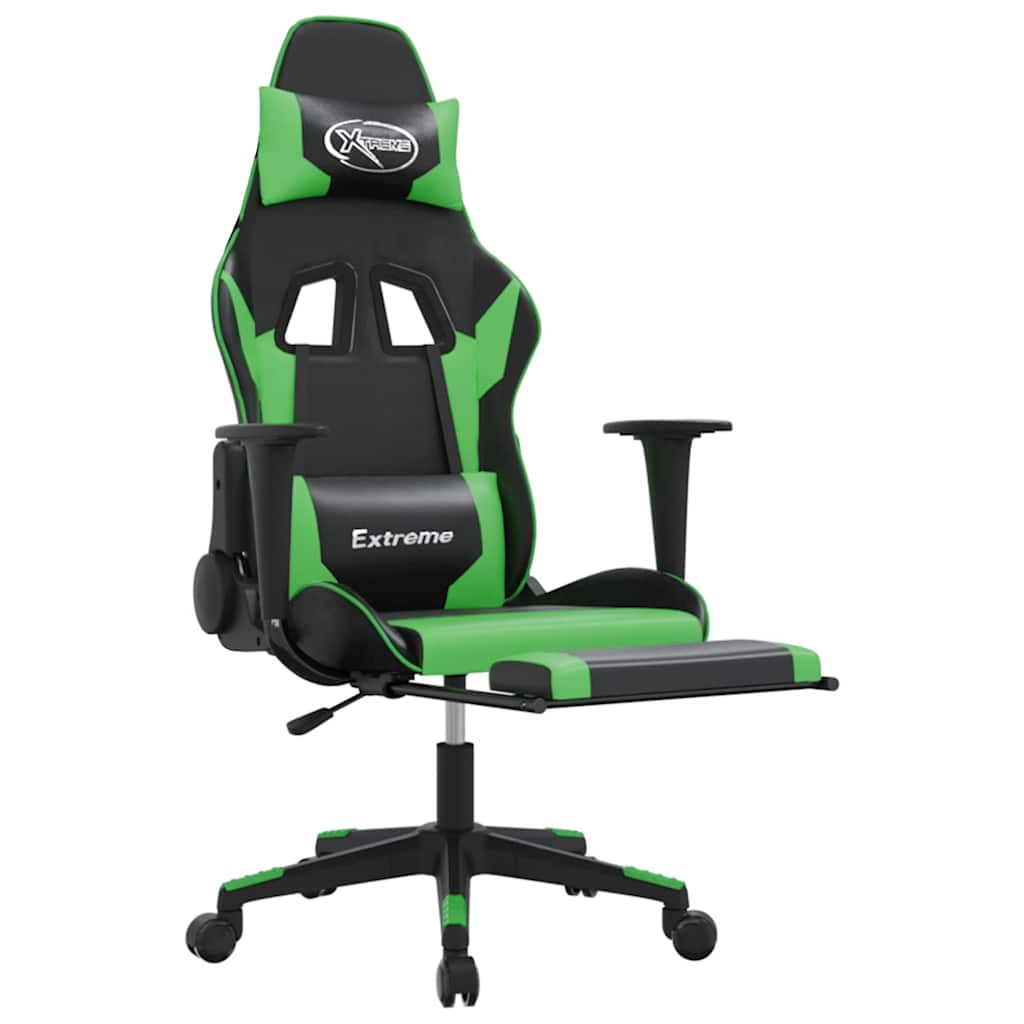 Gaming massage chair/footrest, black/green, eco-leather