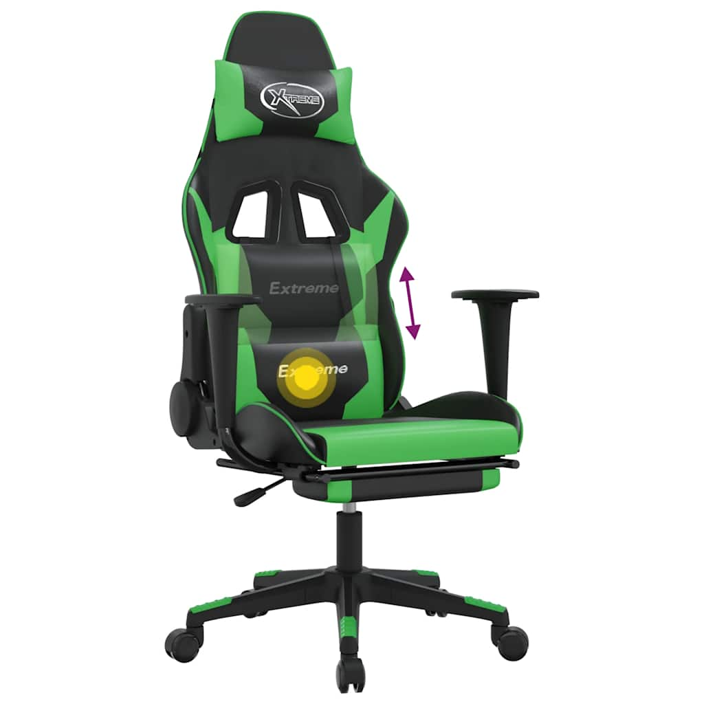 Scaun gaming de masaj/suport picioare, negru/verde, piele eco