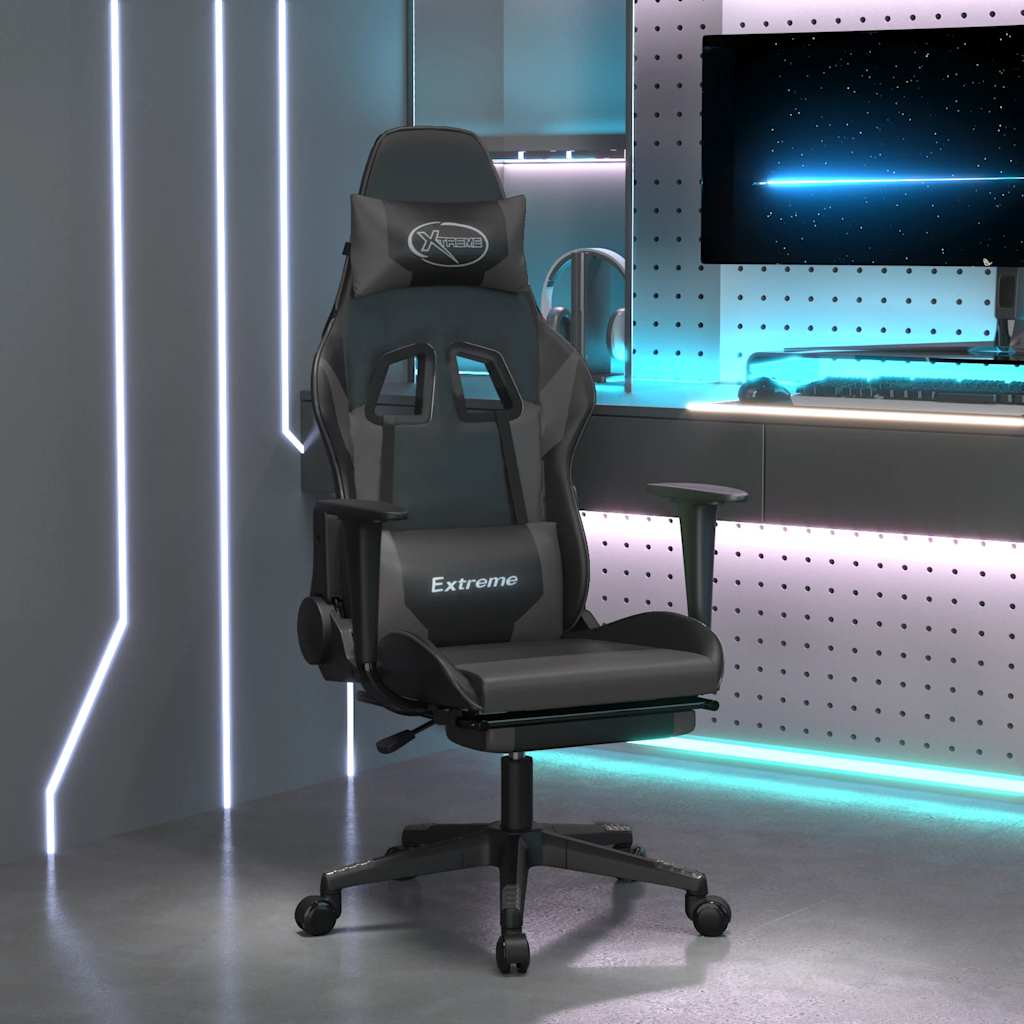 Gaming chair with massage/footrest, black/gray, eco-leather