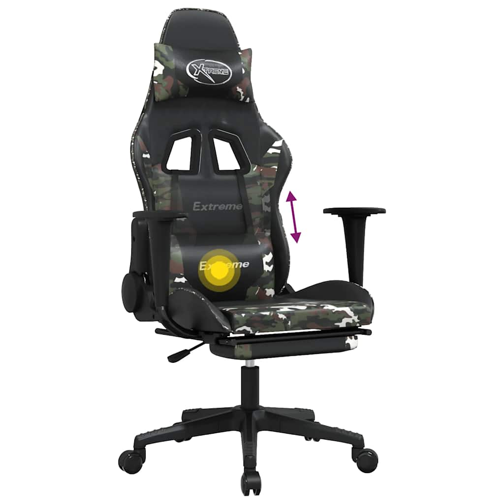 Scaun de gaming masaj/suport picioare negru/Camuflaj piele eco