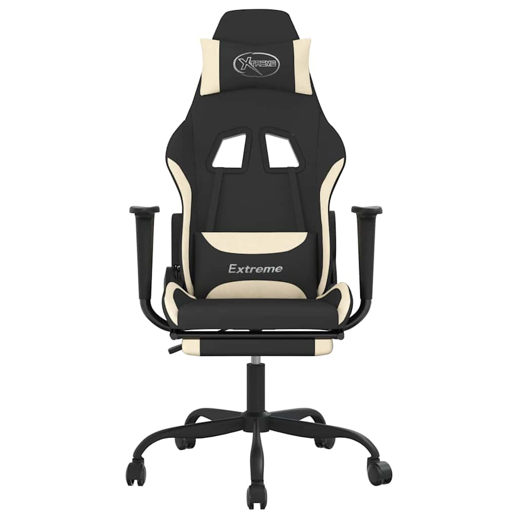 Gaming chair with massage/footrest, black and cream, textile