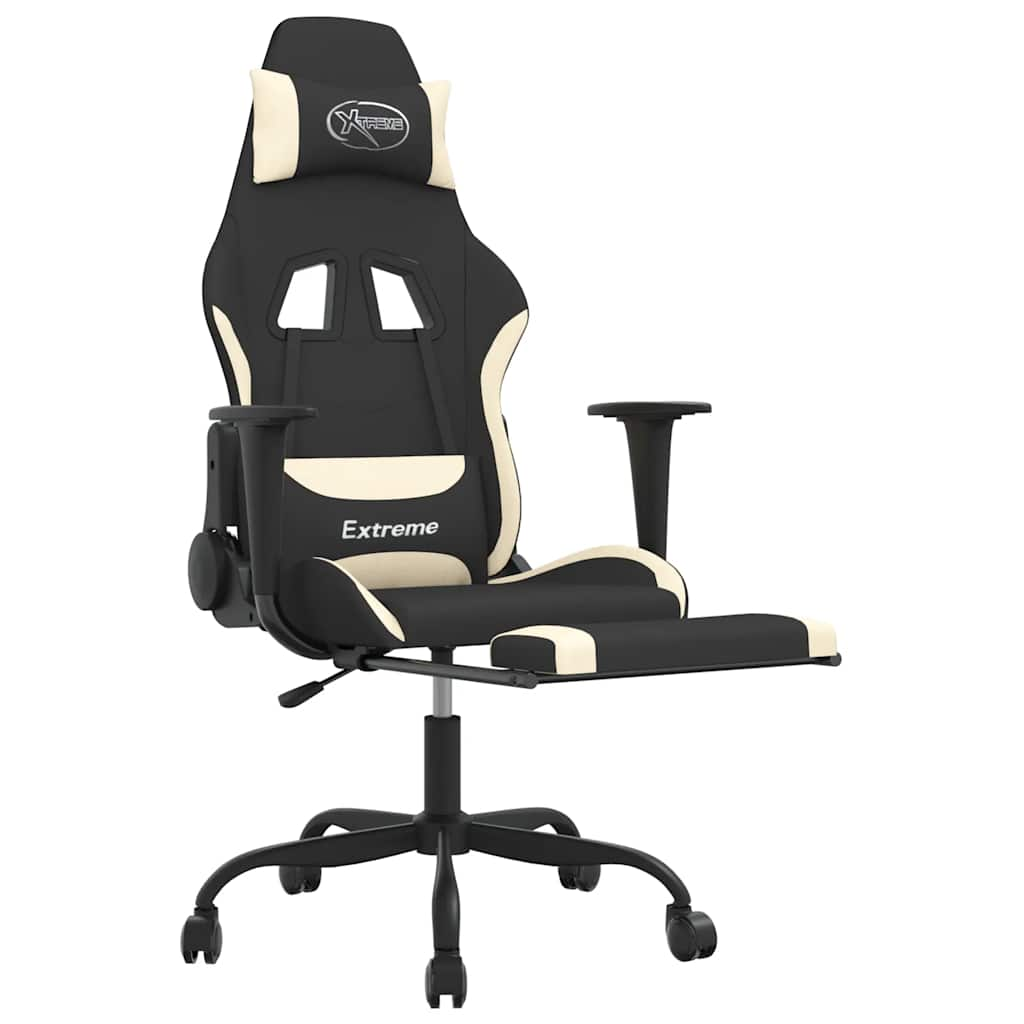 Gaming chair with massage/footrest, black and cream, textile