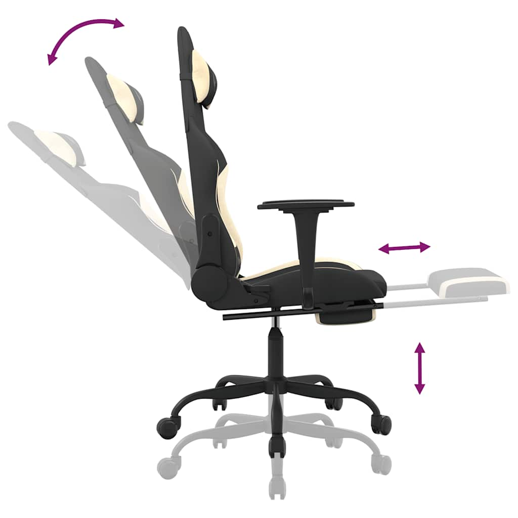 Gaming chair with massage/footrest, black and cream, textile