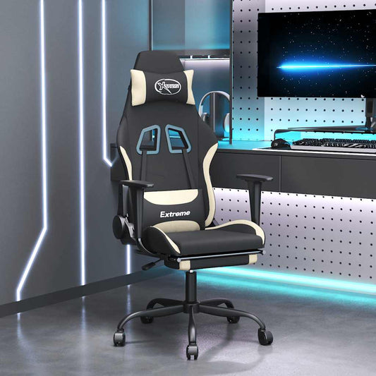 Gaming chair with massage/footrest, black and cream, textile