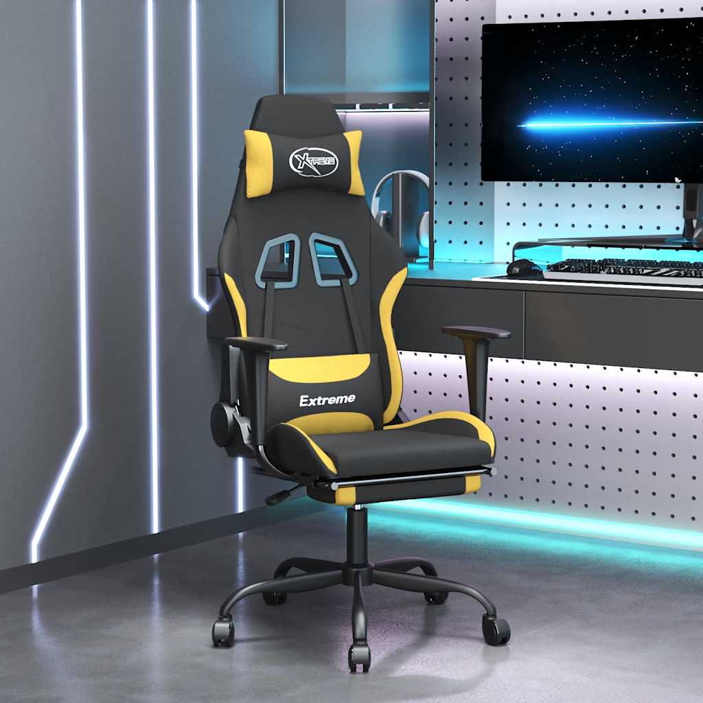 Gaming chair with massage/footrest, black/yellow, textile