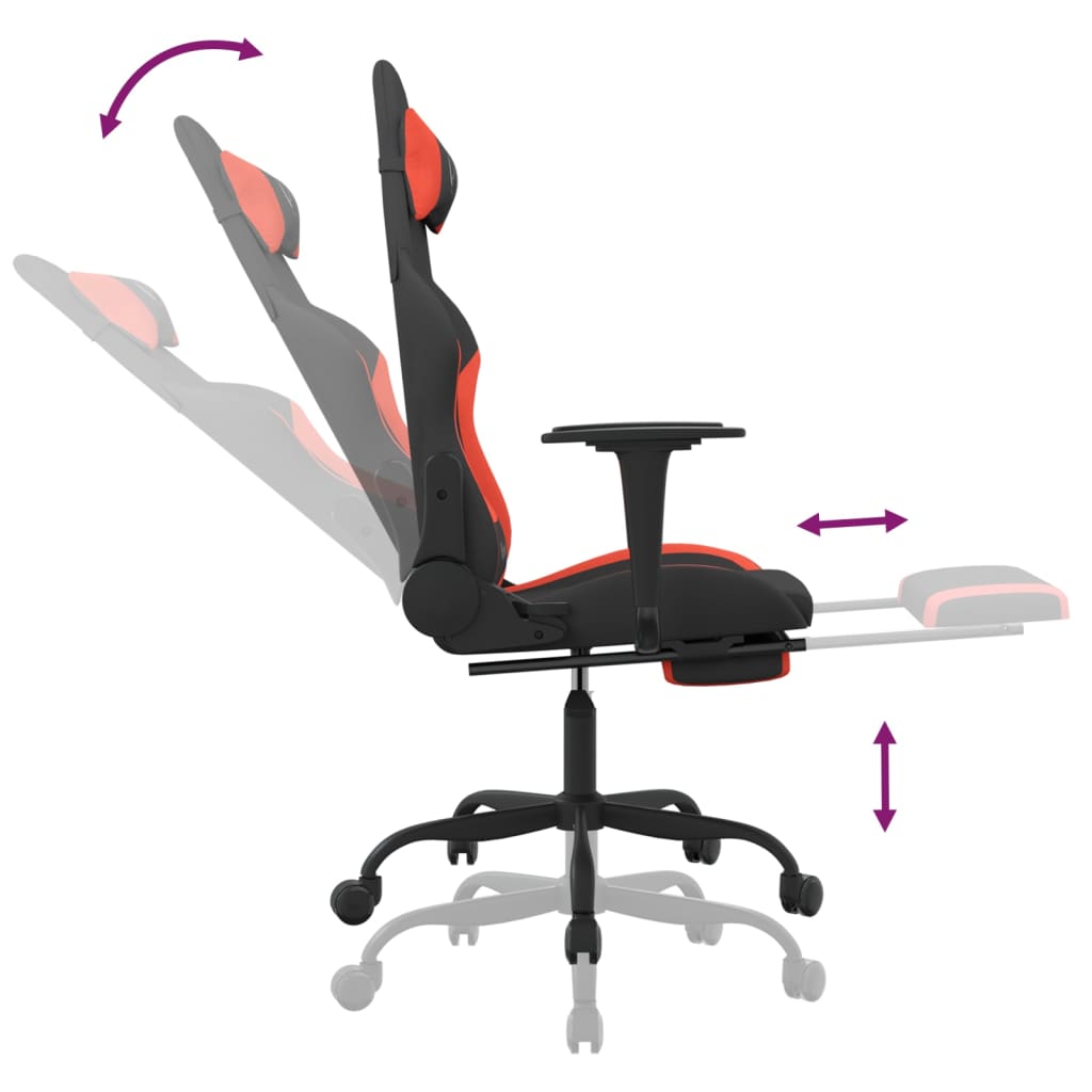 Gaming chair with massage/footrest, black and red, textile