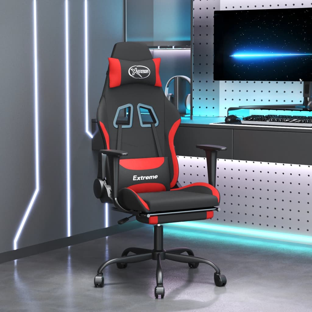 Gaming chair with massage/footrest, black and red, textile