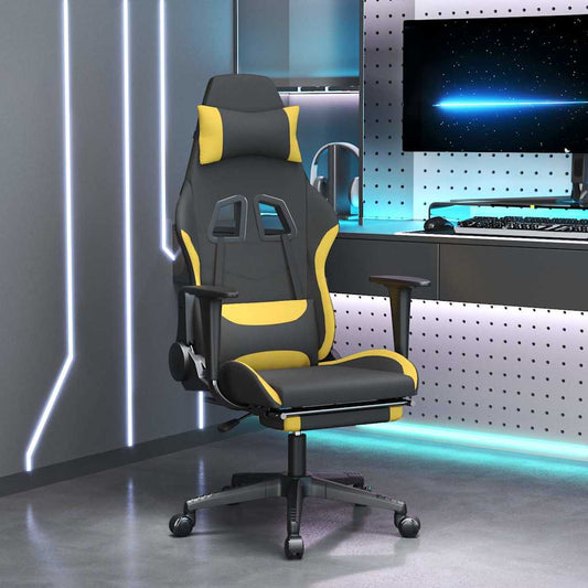 Gaming chair with massage/footrest, black/yellow, textile