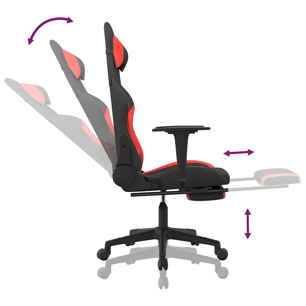 Gaming chair with massage/footrest, black and red, textile