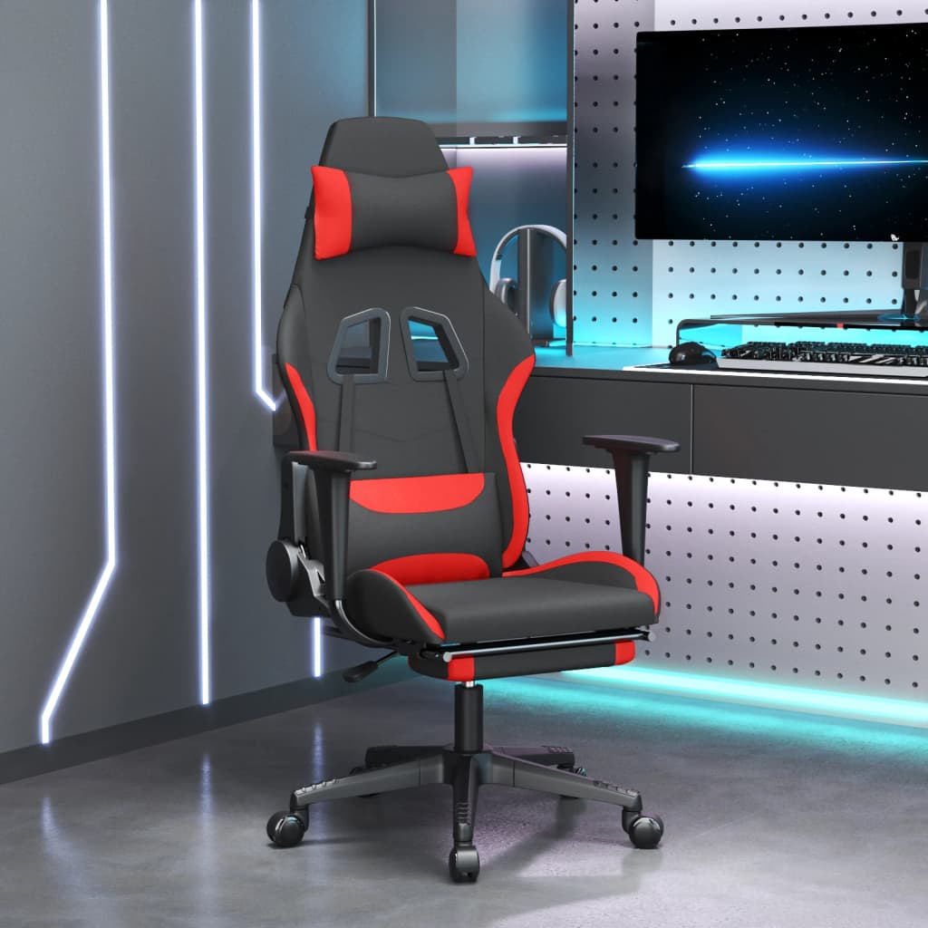 Gaming chair with massage/footrest, black and red, textile