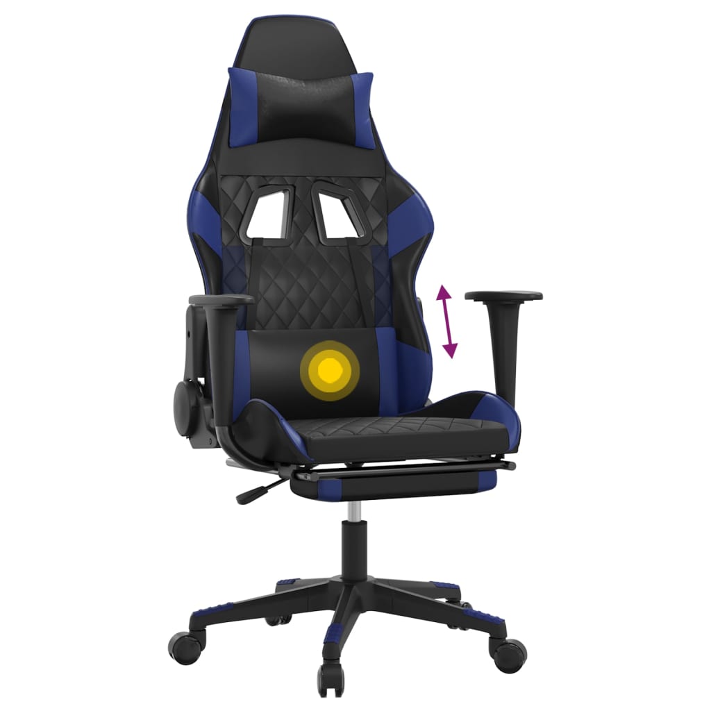 Scaun de gaming masaj/suport picioare negru/albastru piele eco