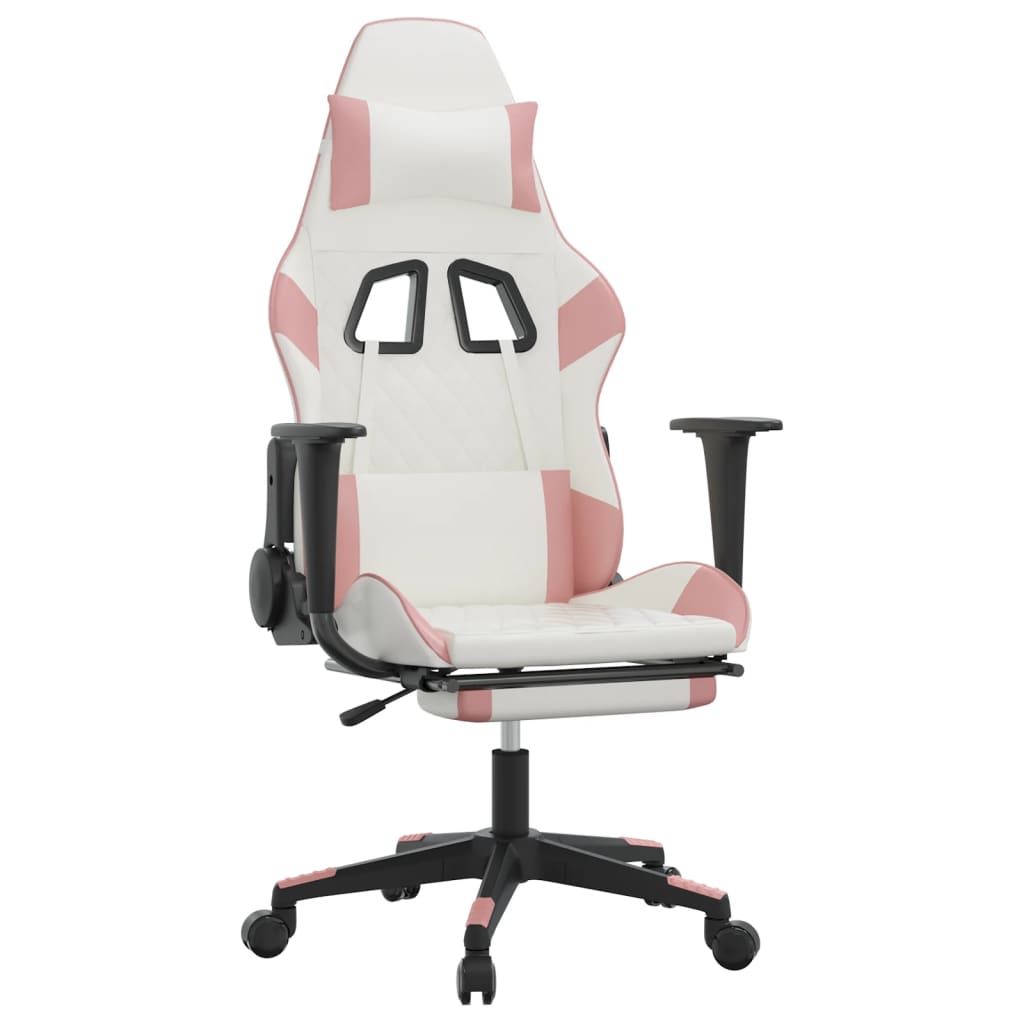 Gaming massage chair/footrest, white/pink, eco-leather