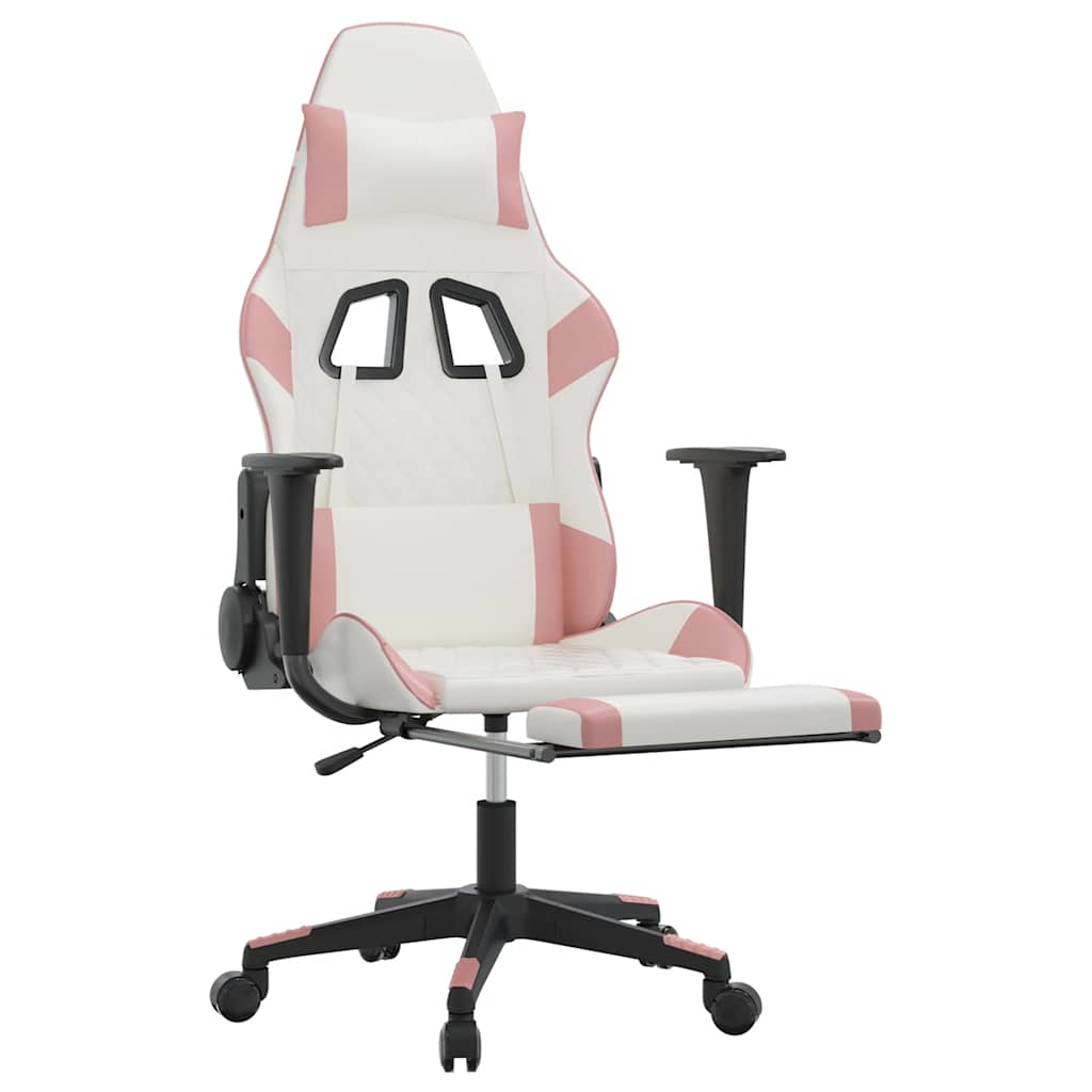 Gaming massage chair/footrest, white/pink, eco-leather