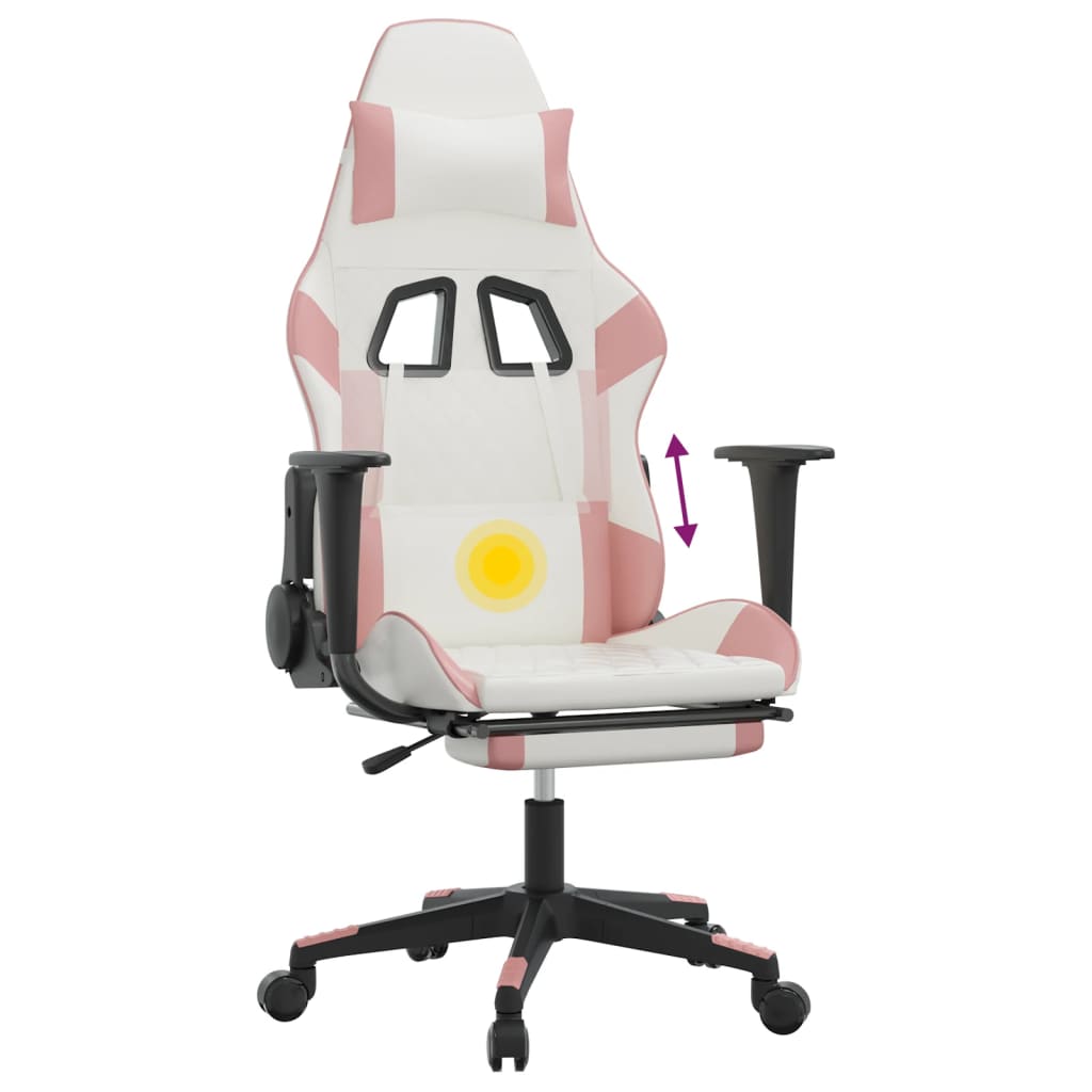 Gaming massage chair/footrest, white/pink, eco-leather