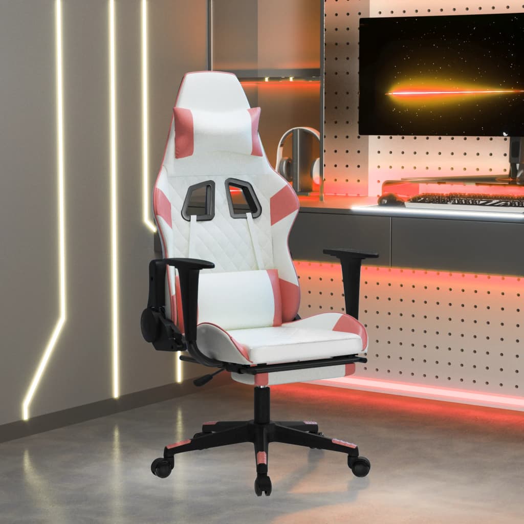 Scaun gaming de masaj/suport picioare, alb/roz, piele ecologică