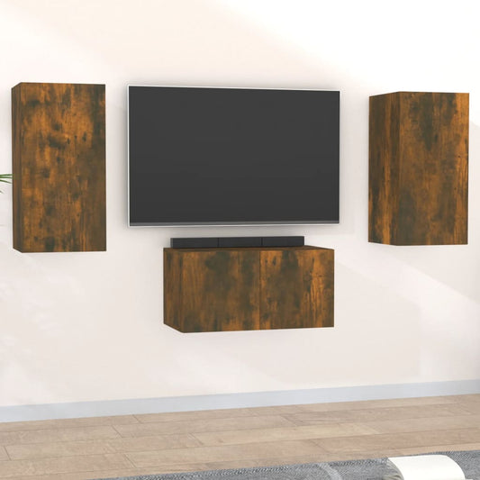 TV cabinet set, 3 pieces, smoked oak, engineered wood