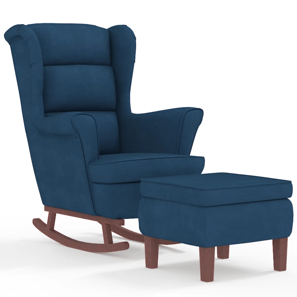 Rocking chair, wooden legs and stool, velvet blue