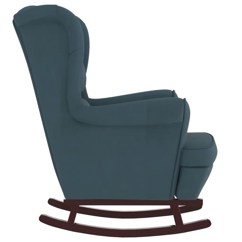 Rocking chair, wooden legs and stool, velvet blue