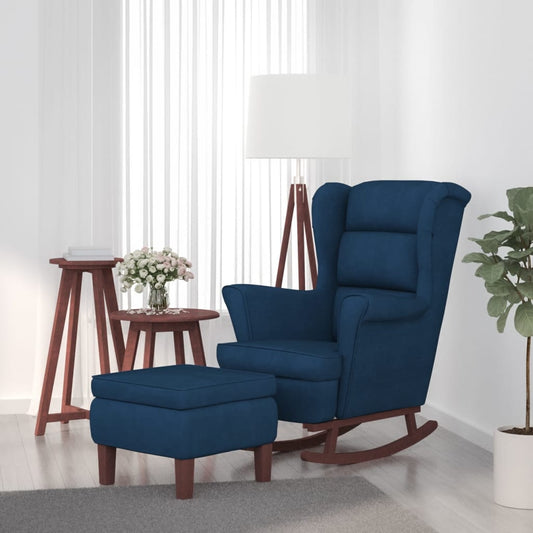 Rocking chair, wooden legs and stool, velvet blue