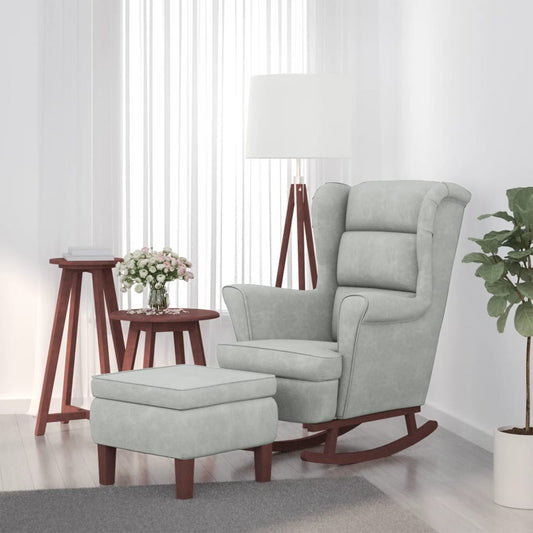 Rocking chair with wooden legs / light grey velvet stool