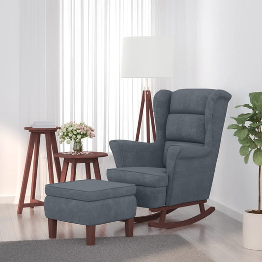 Rocking chair with wooden legs / dark grey velvet stool