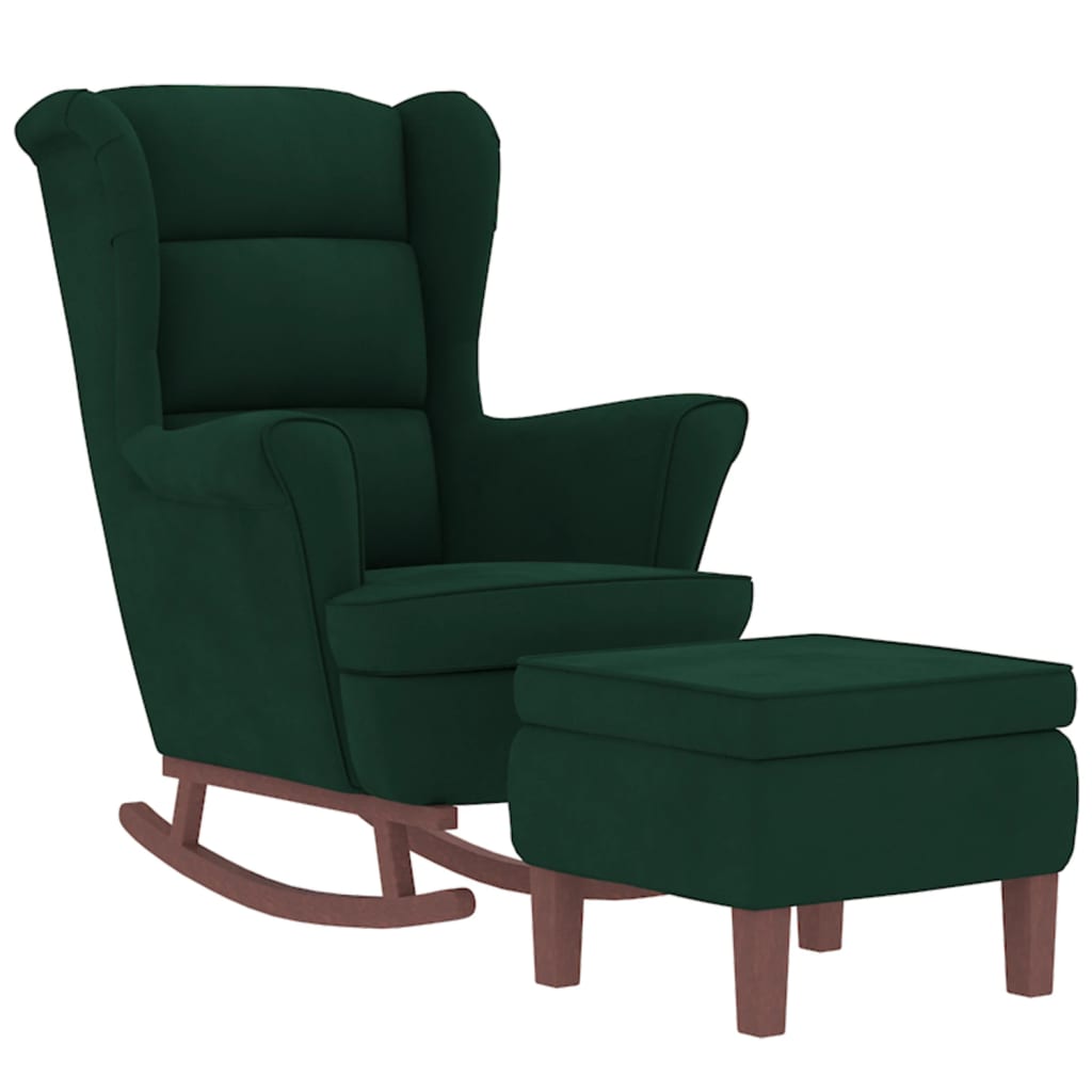 Rocking chair with wooden legs/dark green velvet stool