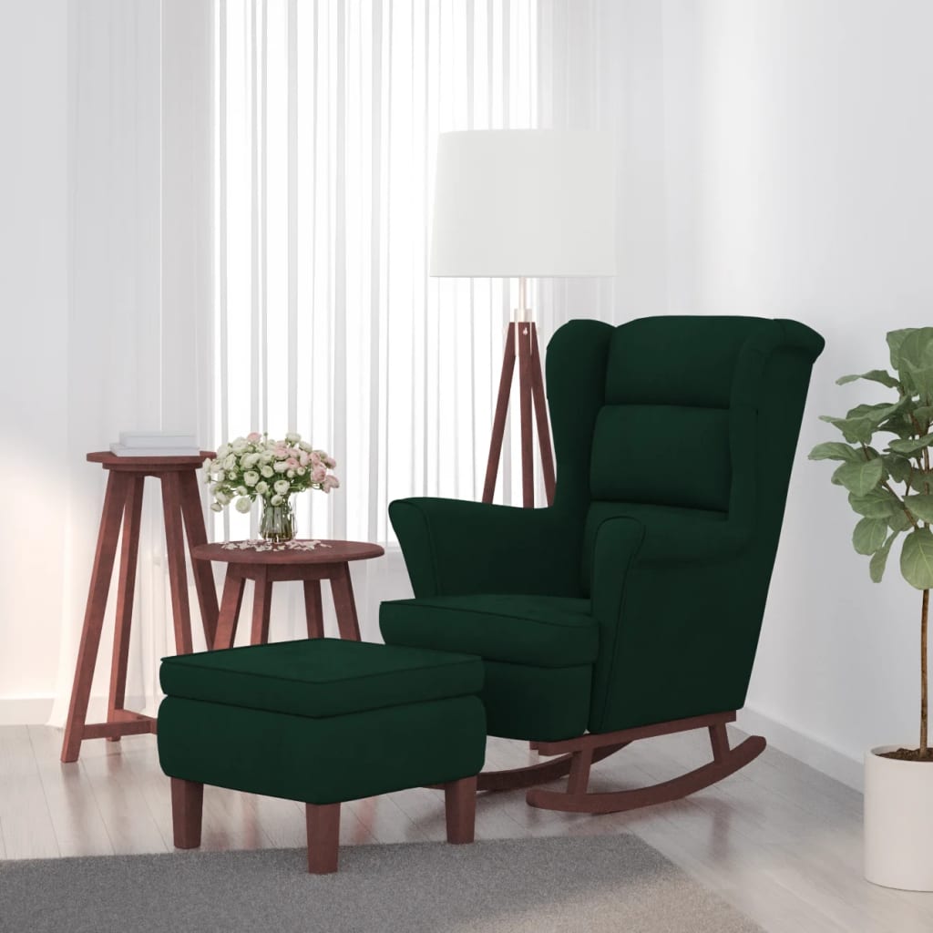 Rocking chair with wooden legs/dark green velvet stool