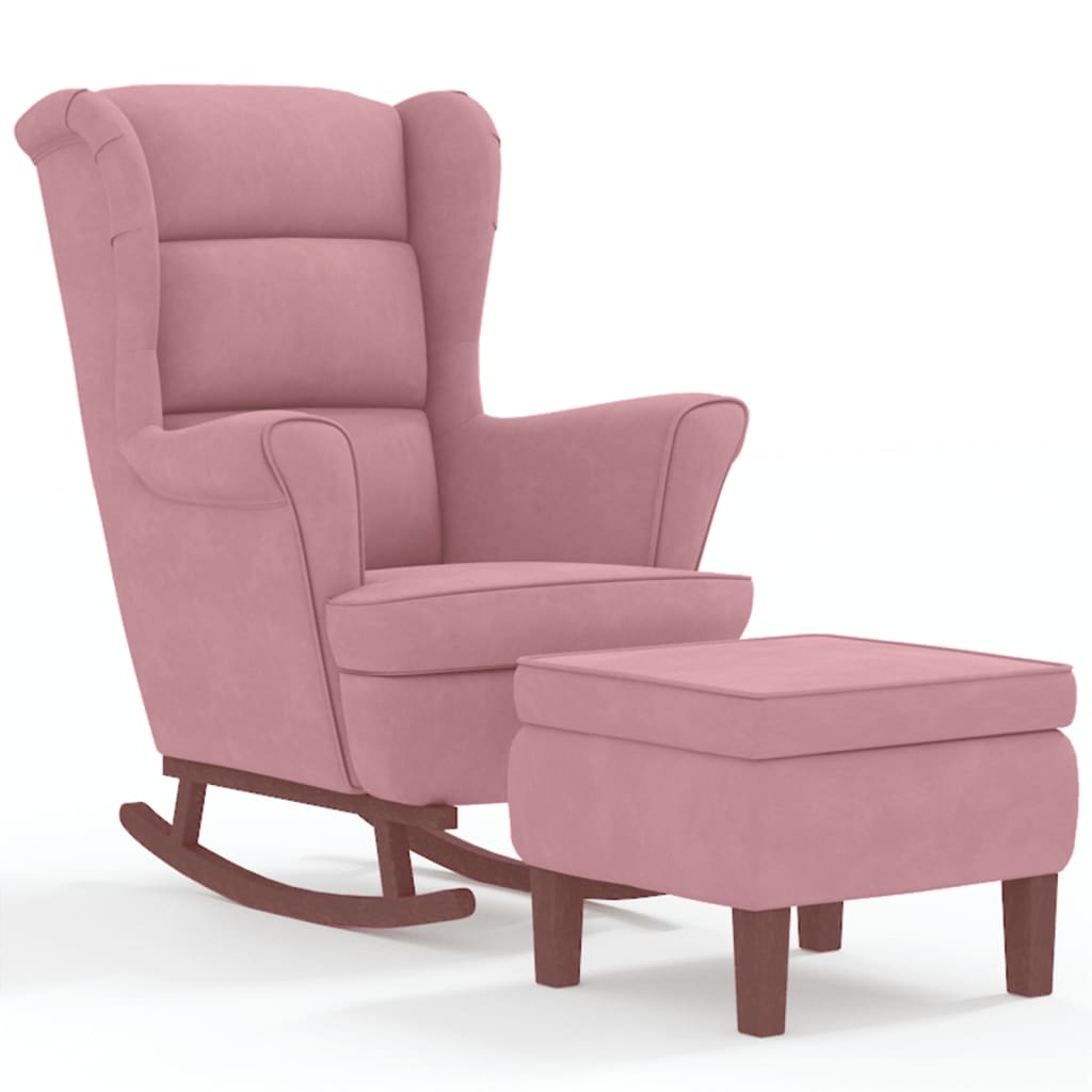 Rocking chair, wooden legs and stool, pink, velvet