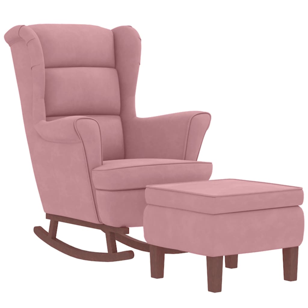 Rocking chair, wooden legs and stool, pink, velvet