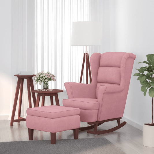 Rocking chair, wooden legs and stool, pink, velvet