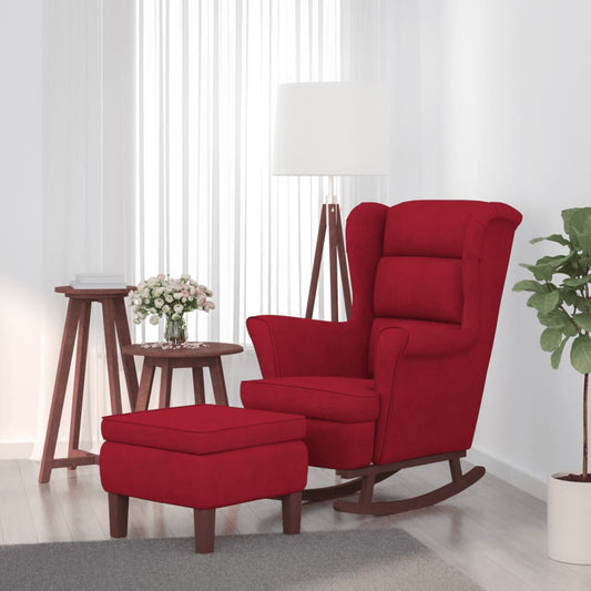 Rocking chair, wooden legs and stool, wine red velvet