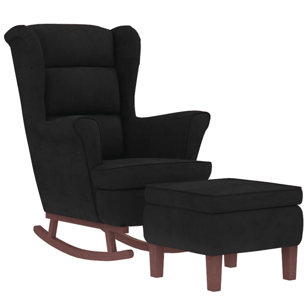 Rocking chair, wooden legs and stool, black, velvet