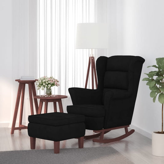 Rocking chair, wooden legs and stool, black, velvet