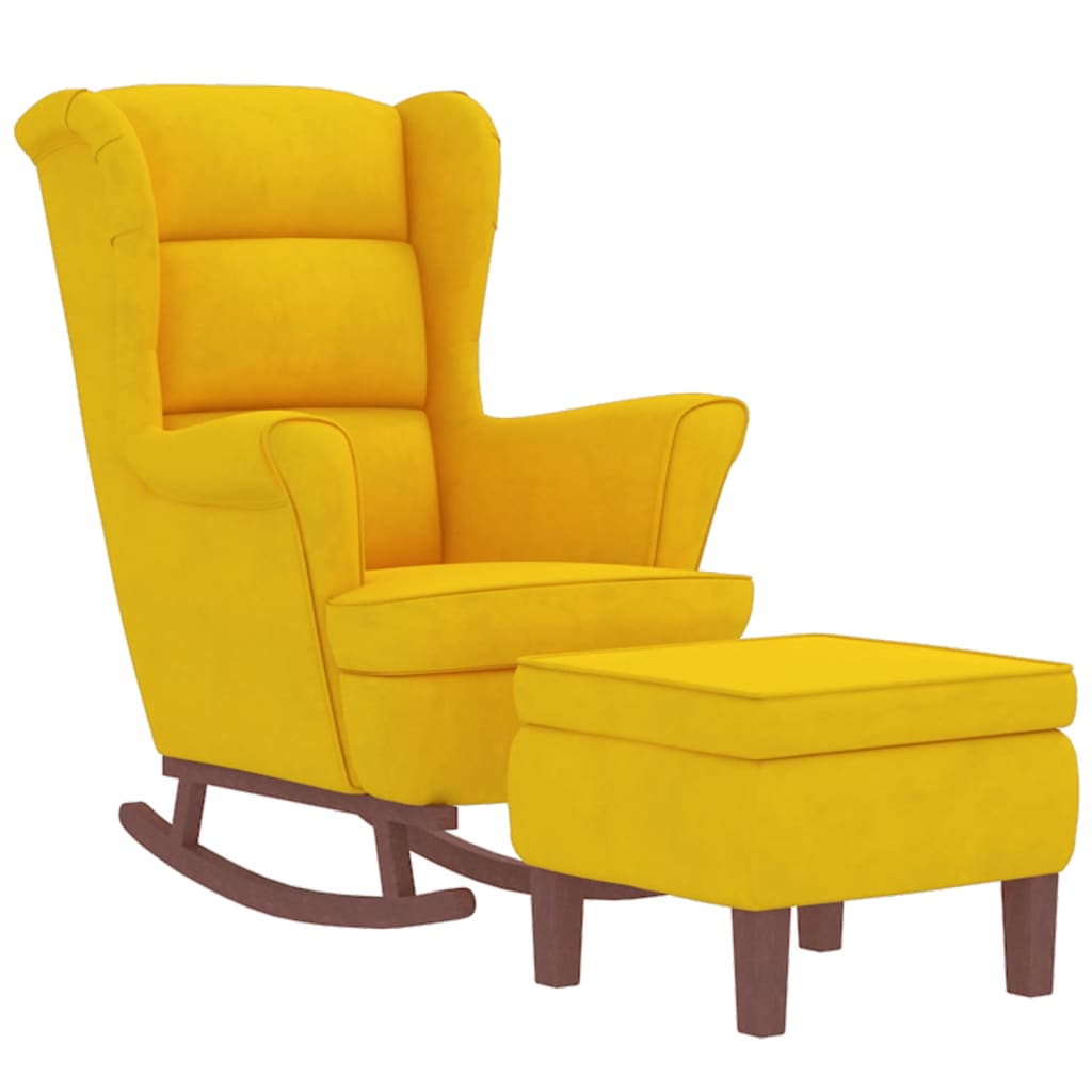 Rocking chair, wooden legs and stool, yellow, velvet